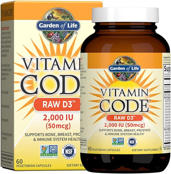 Garden of Life Vitamin D, Vitamin Code Raw D3, Vitamin D 2,000 IU, Raw Whole Food D3 Supplements with Chlorella, Fruit, Veggies & Probiotics for Bone & Immune Health, 60 Vegetarian Capsules