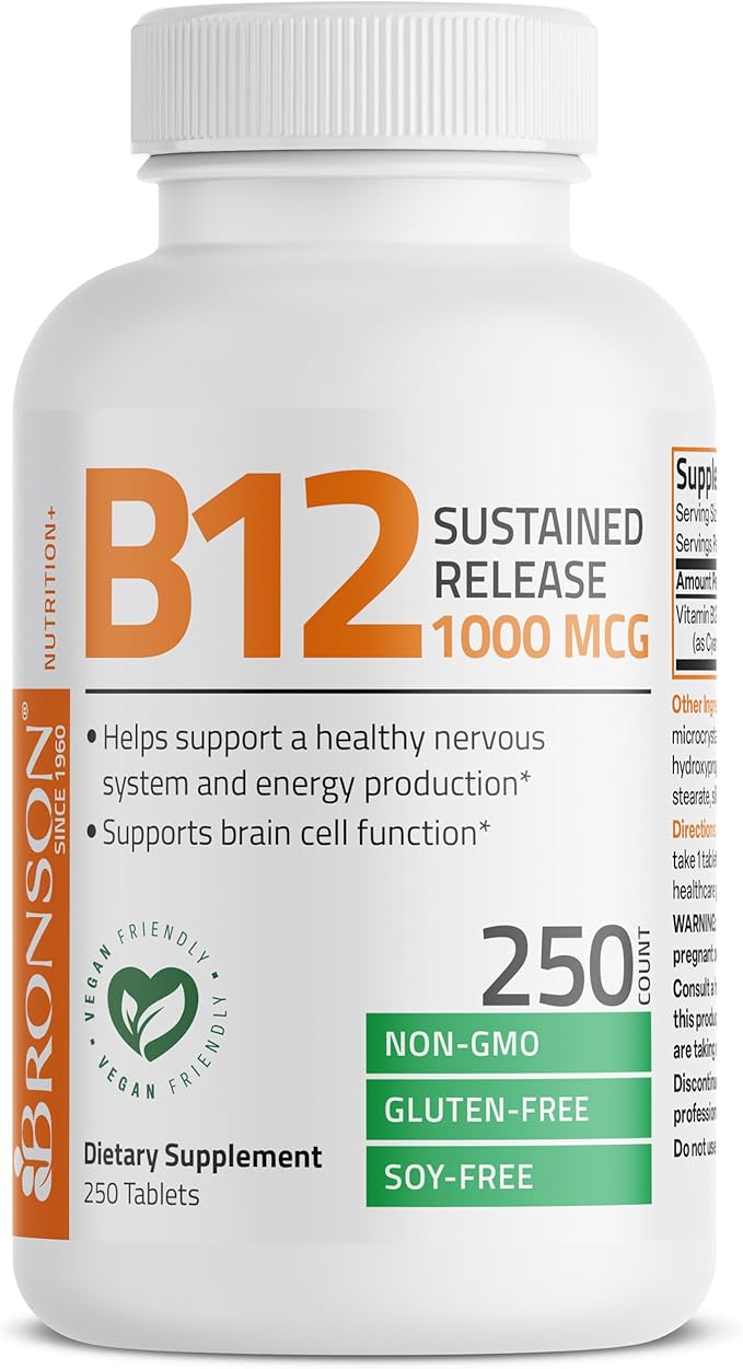 Bronson Vitamin B12 1000 mcg Sustained Release Premium Non GMO Tablets Supports Nervous System, Healthy Brain Function and Energy Production, 250 Count