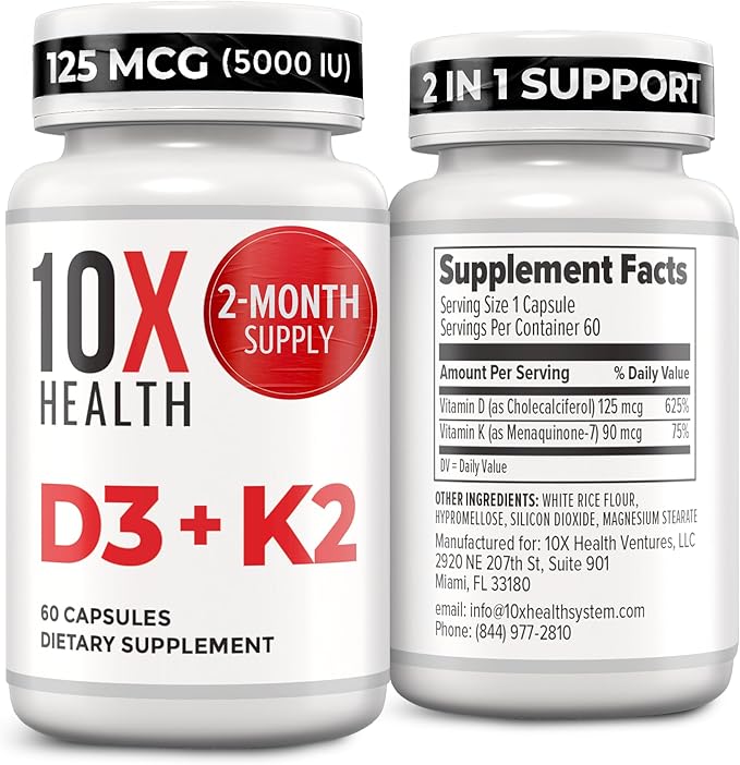 10X Health Vitamin D3 5000 IU & K2 MK7 - Menaquinone 7, High-Potency D3 K2 Vitamin Supplement for Bone Health, Heart and Teeth - 125 mcg Vitamin D & 90 mcg Vitamin K2-60 Capsules