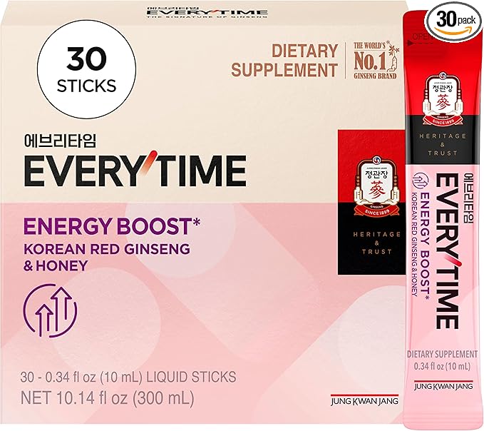 JUNG KWAN JANG Everytime Energy Boost Korean Red Ginseng Extract Stick 1,000mg & Honey - Vegan Ginseng Energy Drink Liquid Stick Supplements - Builds Stamina & Immunity No Caffeine (30 Sticks)