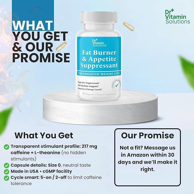 Fat Burner for Women & Men - Appetite Suppressant for Weight Loss - Pills with Chromium, Caffeine & Green Tea Extract - Metabolism Booster Thermogenic Weight Loss - 35 Capsules