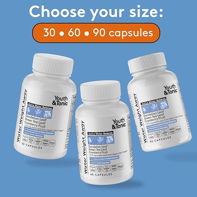 Youth & Tonic Water Weight Away – Herbal Diuretics for Water Retention & Bloating Support – with Potassium & Vitamin B6 for Fluid Balance – 90 Pills for Belly Bloat, Leg & Feet Swelling Support