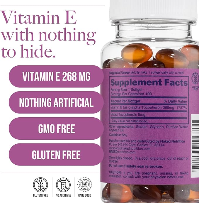 Naked Vitamin E 400 IU – Natural Vitamin E Supplement with Mixed Tocopherols for Antioxidant Support and Skin Health – 100 Softgels