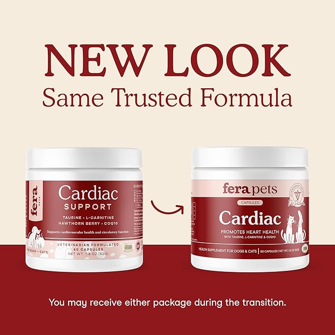 Fera Pets Cardiac Support - Cat & Dog Heart Supplement with Taurine, L-Carnitine, & CoQ10 - Promotes Normal Circulation and Heartbeat - 120 Capsules