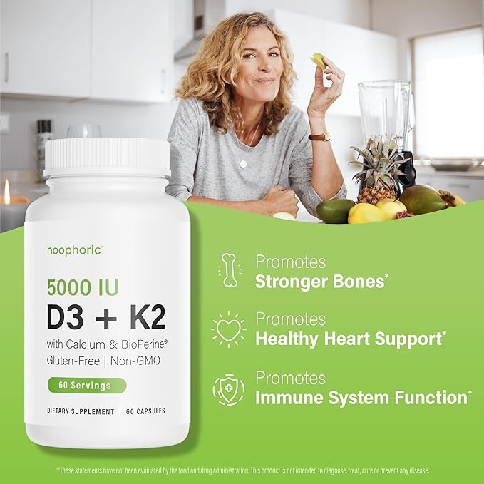 Noophoric D3 K2 Vitamin 5000 IU - Vitamin K2 100 mcg MK7, Calcium, BioPerine - Bone Health & Immune Support Supplement - Gluten-Free, Non-GMO - Vitamin D3 K2 Supplement (60 Servings)