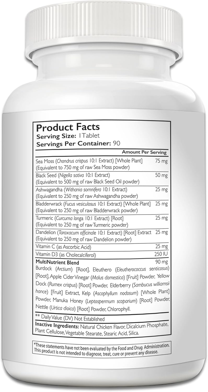 Sea Moss for Dogs 750mg Black Seed Oil 500mg Ashwagandha 250mg Turmeric 250mg Bladderwrack 250mg Dandelion 250mg & Vitamin C Vitamin D3 with Elderberry Manuka Yellow Dock 90 Tablets