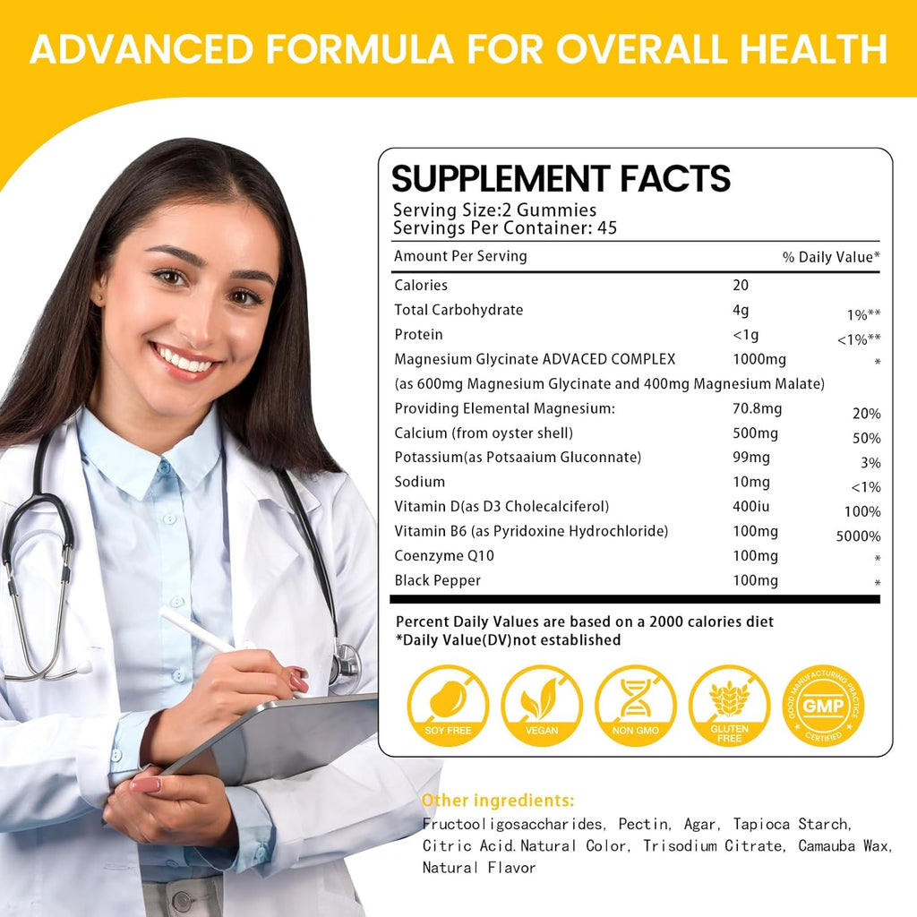 Magnesium Glycinate Gummies 1000mg, High Absorption Sugar Free Magnesium Potassium Supplement for Relaxation, Stress Relief, and Sleep Support for Adults & Kids - 90 Pineapple Gummies