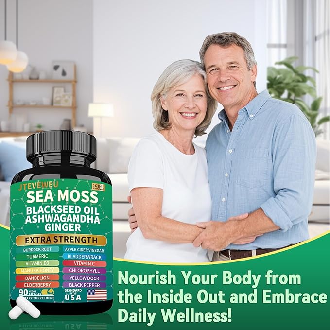 Sea Moss Black Seed Oil Ashwagandha Ginger, Organic Sea Moss Capsules with Burdock Root, Bladderwrack, Advanced Multimineral Supplement（90 Count）