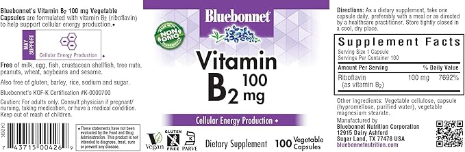 Bluebonnet Nutrition Vitamin B2 100 mg, For Cardiovascular and Nervous System Health, Soy-Free, Gluten-Free, Kosher Certified, Dairy-Free, Vegan, Non-GMO, 100 Vegetable Capsules, 100 Servings