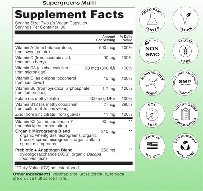 wholier Supergreens Multi, Daily Greens, Plant-Based Multivitamin for Women + Men, Whole Food Vitamins + Minerals, Prebiotics for Gut Health, Adaptogens (60 Vegan Capsules) Glass Bottle