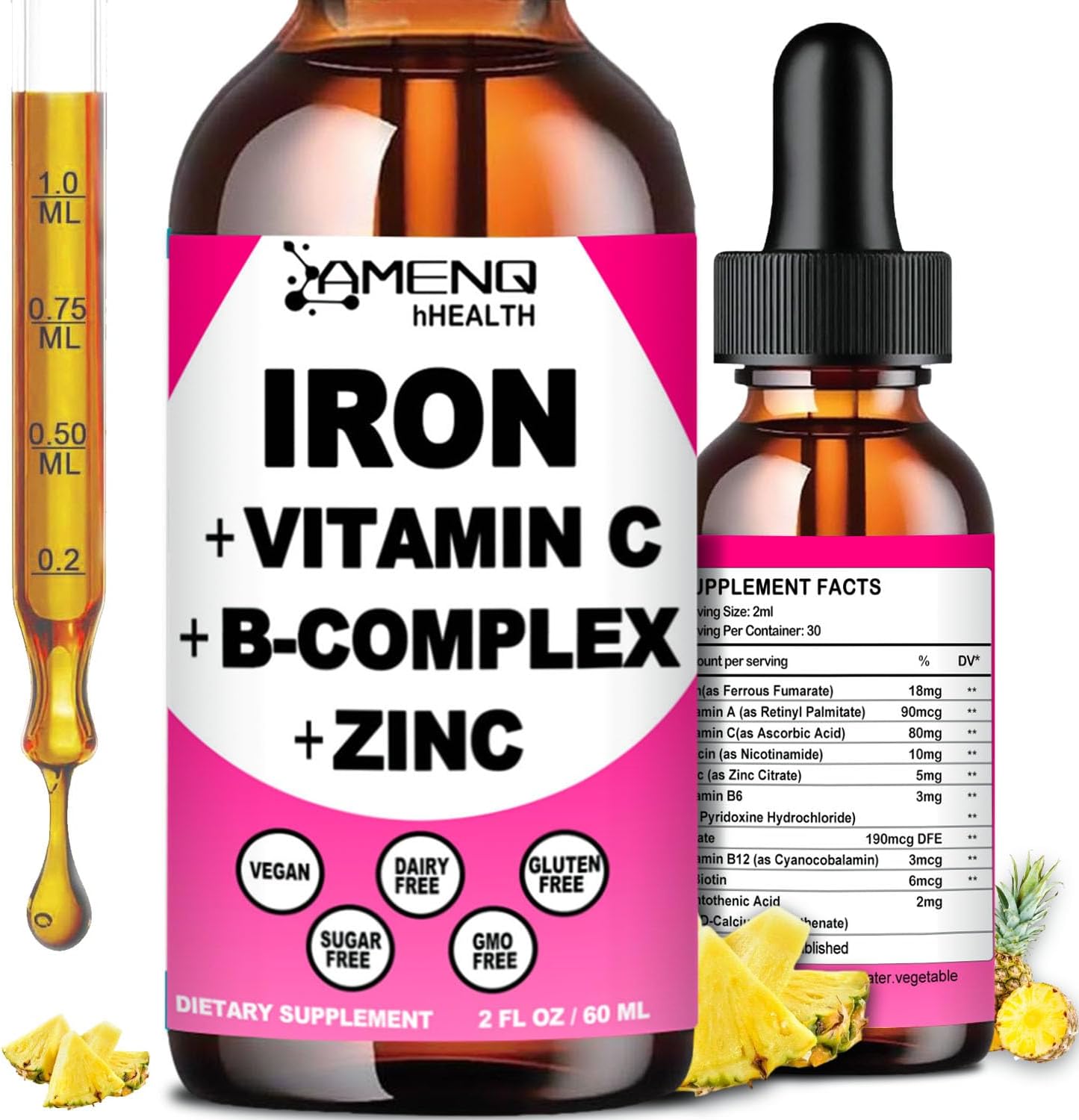 Iron Supplement for Women Men & Kids, Iron Vitamin C, A, B-Complex, Vegan Iron Drops High Potency Liquid Vitamin & Iron Supplements for Anemia, Red Blood Cell, Energy, Blood Builder, Gentle Iron