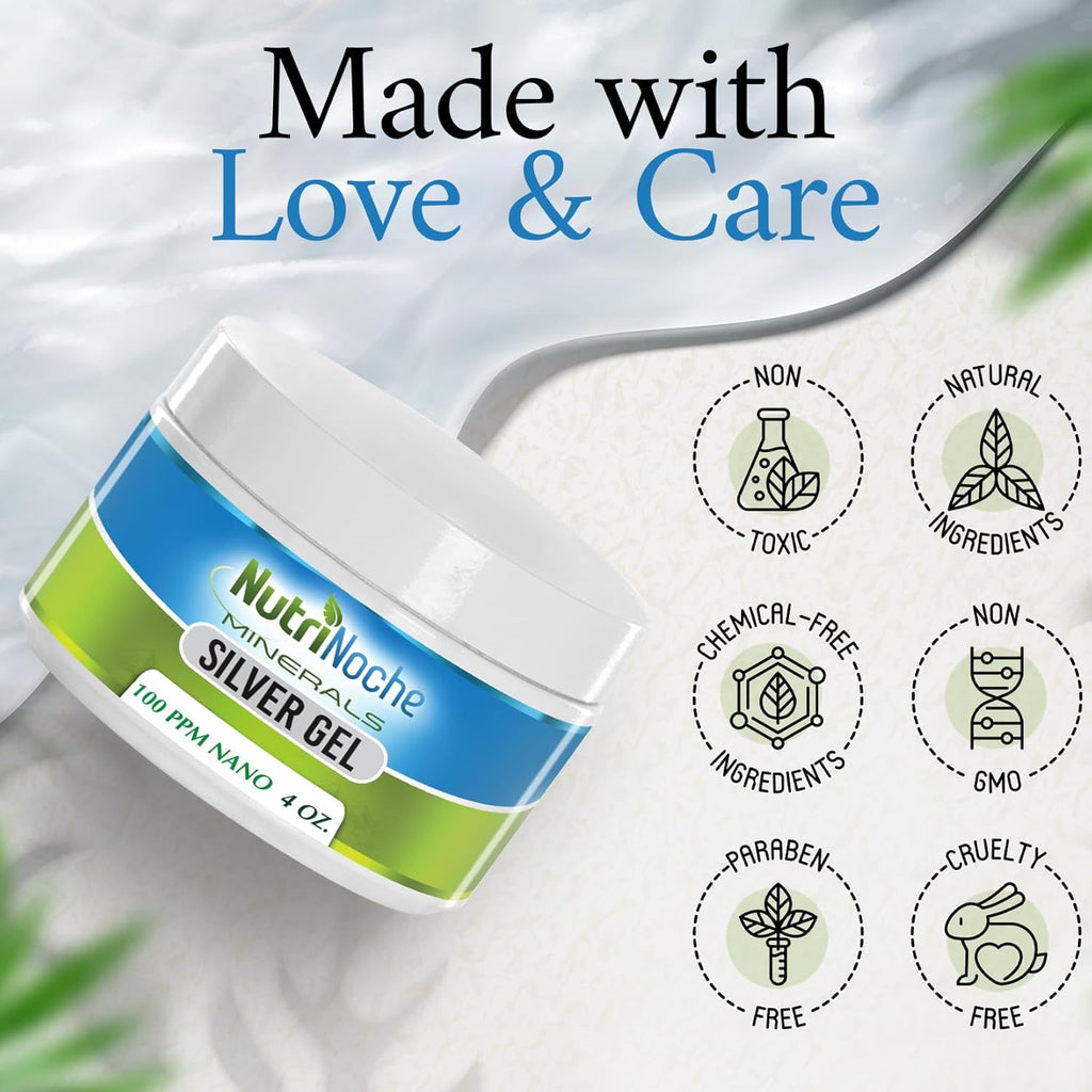 Nutrinoche Nano Silver Gel - Advanced Colloidal Silver Skin Cream - Wound Care & First Aid Gel Soothing Topical Ointment for Burns, Razor Burn and Sunburn Irritations - Unscented 4 Oz Jar