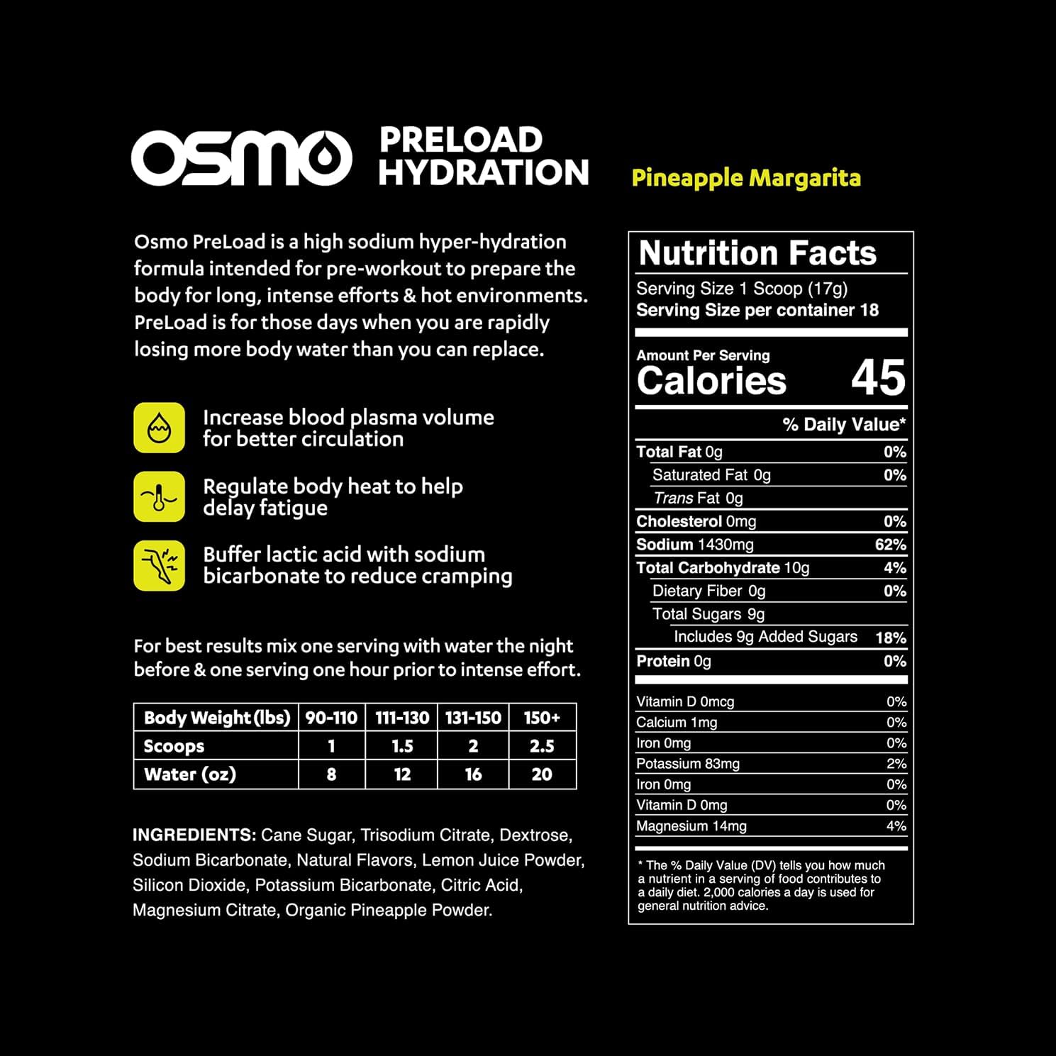 Osmo Preload Hydration Pre Workout Powder - Includes High Sodium Bicarbonate, Magnesium, Potassium, Carbs & Vitamins, Cane Sugar, Natural Ingredients, Beat Cramps & Dehydration - Pineapple Margarita