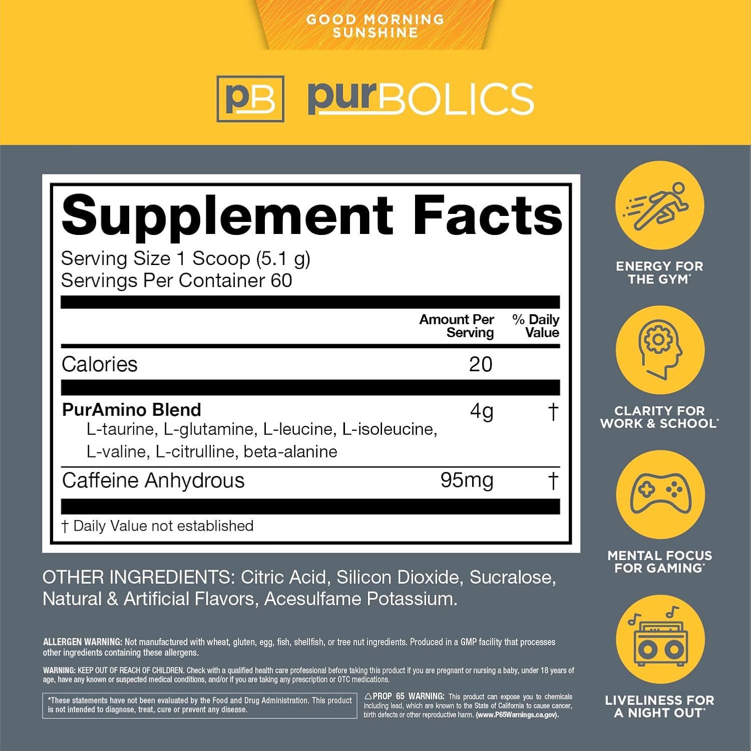 Purbolics Aminos + Energy | Supports Recovery, Energy & Focus | 95mg of Caffeine, 0 Sugar & 60 Servings (Good Morning Sunshine)