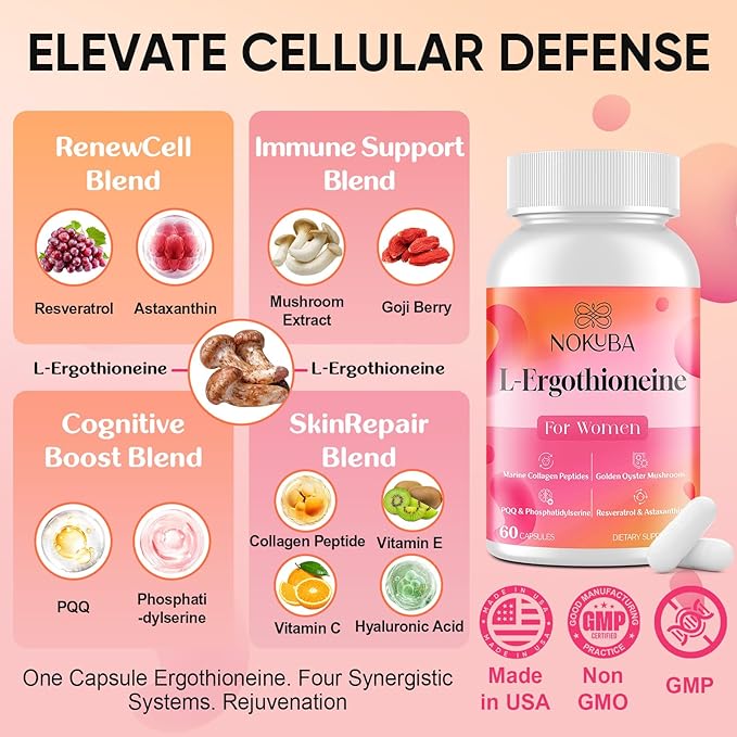 L-Ergothioneine with Collagen Peptides, Hyaluronic Acid | 2X Antioxidant of Glutathione | 11-in-1 Collagen Supplement for Women | Skin, Brain, Immune, Cognitive Support | 60 Capsules