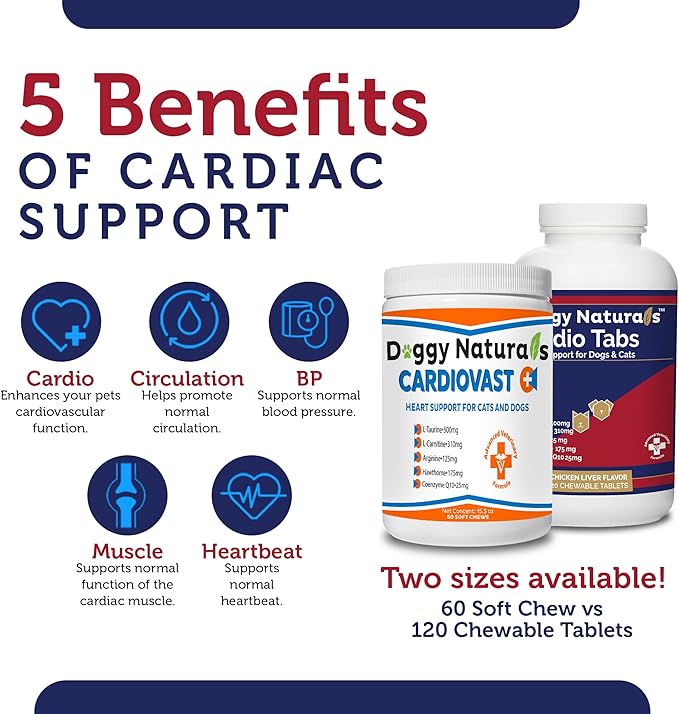 Cardio Tabs Heart Support Supplement for Dogs - Aids Cardio Support and Cardio Strength Supplement for Dog, L-Taurine, L-Carnitine, Hawthorn, L Arginine, Coenzyme Q10 - Made in USA - 120 Tablet