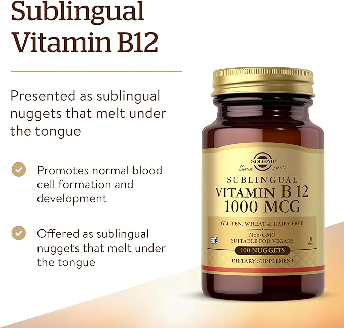Solgar Vitamin B12 1000 mcg, 100 Nuggets - Energy Production, Red Blood Cells - Healthy Nervous System - Promotes Cardiovascular Health - Vitamin B - Non-GMO, Gluten Free, Kosher - 100 Servings
