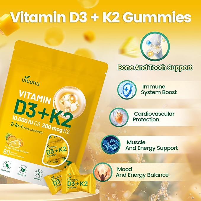 Vitamin D3 K2 Gummies, D3 10000 IU & MK7-200 mcg, 2 in 1 Vitamins D & K Complex | Vitamina D3 con K2 | Supports Calcium Absorption, Bone, Immune, & Heart Health, Easy to Carry and use (120 Gummies)
