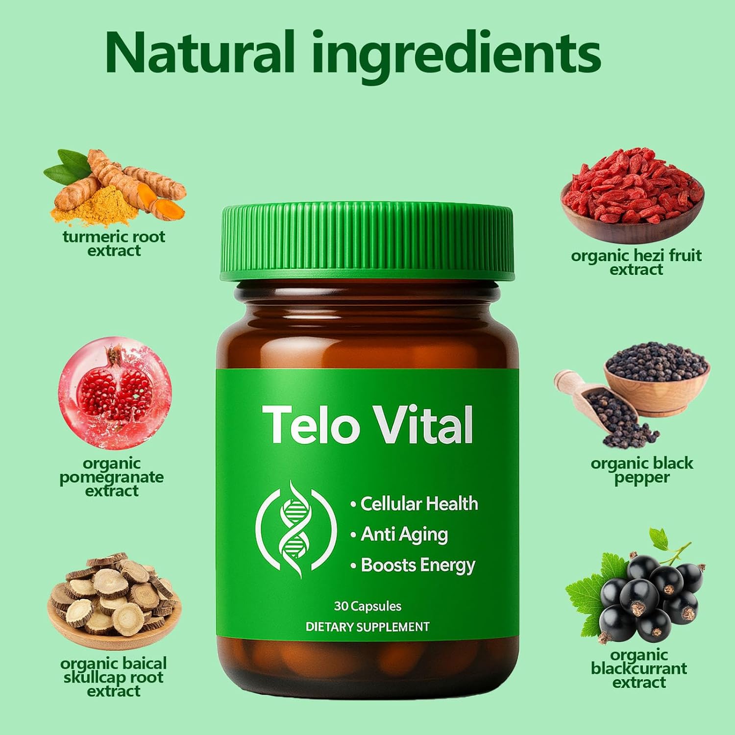 Telo Vital Supplements - Anti Aging & Promotes Cellular Health, Vegan, Sugar-Free with Organic Turmeric Root, Pomegranate & Baical Skullcap Root Extract - 30 Capsules