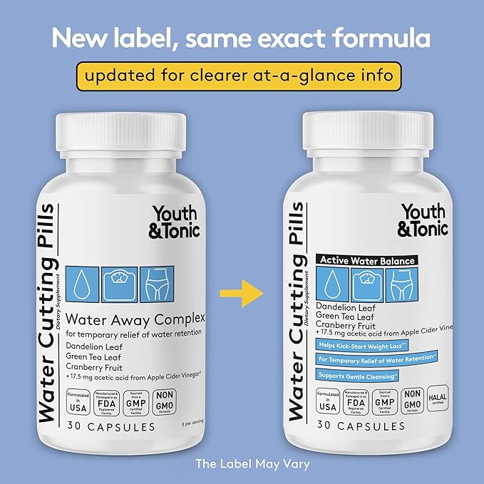 Youth & Tonic Water Cutting Pills - Natural Diuretic Complex for Temporary Water Gain, Swelling, Fluid Retention, Puffiness, Swollen Legs, Ankles, Arms, Puffy Eyes. for Men & Women with 30 Capsules