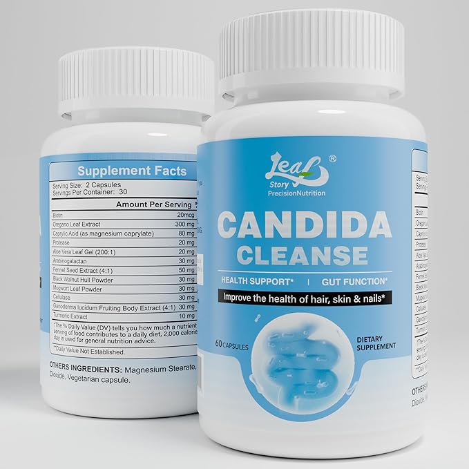 Candida Cleanse for Women, Oregano & Caprylic Acid Gut Cleanse, Herbal Supplement Digestive & Intestinal Health Support, Flora Balance for Gut Health, 60 Capsules