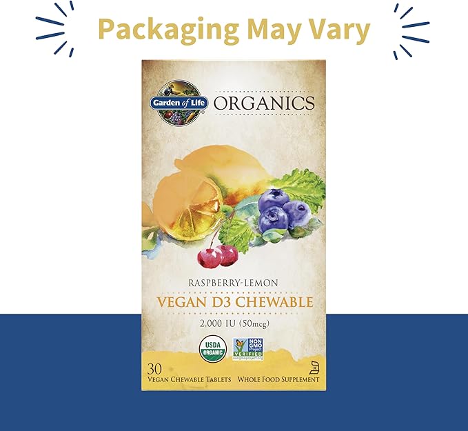 Garden of Life Organics Vegan Vitamin D3 Chewable - Raspberry Lemon, 2,000 IU (50mcg) Whole Food Vitamin D3 from Lichen Plus Food & Mushroom Blend, Gluten Free, 30 Chewable Tablets