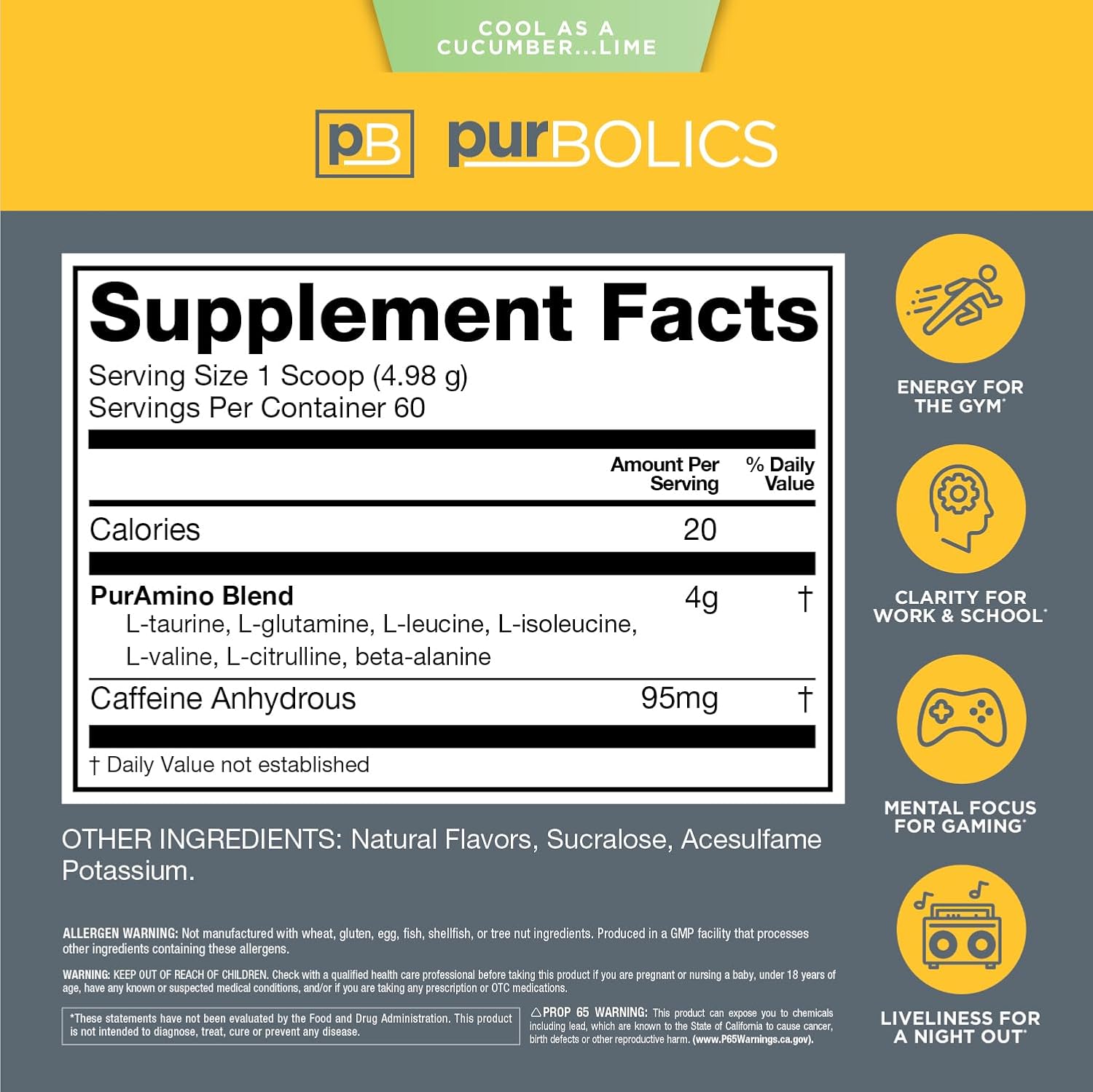 Purbolics Aminos + Energy | Supports Recovery, Energy & Focus | 95mg of Caffeine, 0 Sugar & 60 Servings (Cool As Cucumber…Lime)