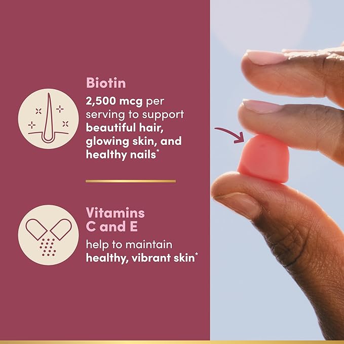 Nature's Bounty Optimal Solutions Hair, Skin and Nails Pectin Gummies, 2500 mcg Biotin Per Serving, No Stick Gummy, Vegetarian Formula, Strawberry Flavor, 200 Count, 100 Total Servings (Pack of 2)