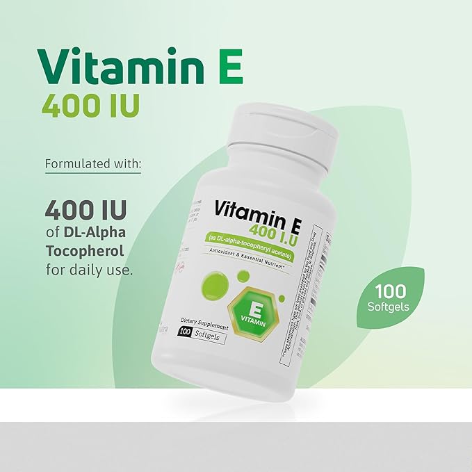Vitamin E 400 IU Softgels – 180mg Vitamin E (as DL-Alpha-tocopheryl Acetate) – Antioxidant Support, Skin & Hair Health, 100 Softgels – Vitamin E Complex Formula - Gluten-Free