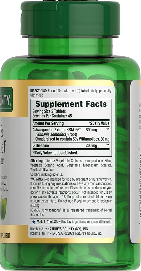 Nature's Bounty Stress Relief, Ashwagandha KSM-66, Supports Occasional Stress Relief, Dietary Supplement, 2 Tablets per Day, Vegetarian Tablets, Gluten Free, 90 Ct