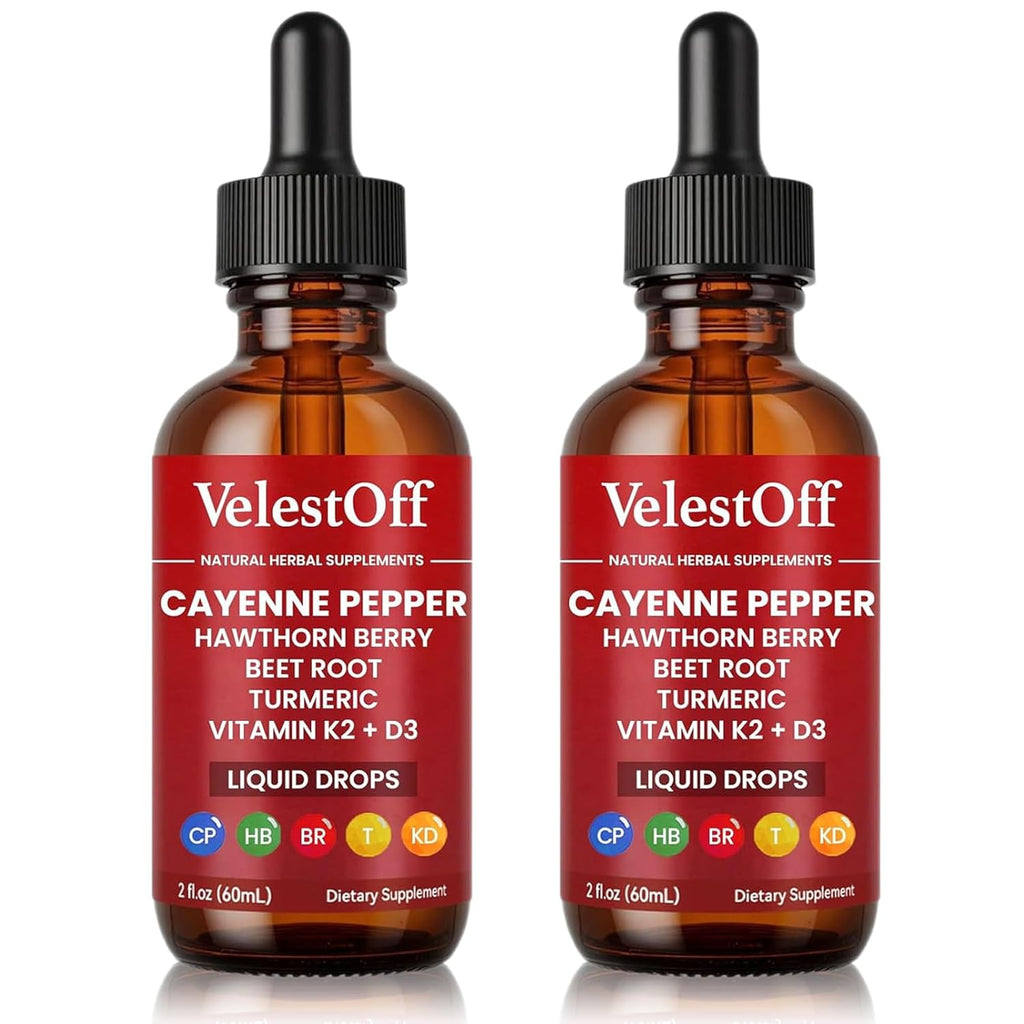 Cayenne Pepper Drops - VelestOff Cayenne Circulation Blood Pressure Blend - Cayenne Pepper Hawthorn Beet Root Turmeric Vitamin K2 D3-2 OZ (2 PCS)