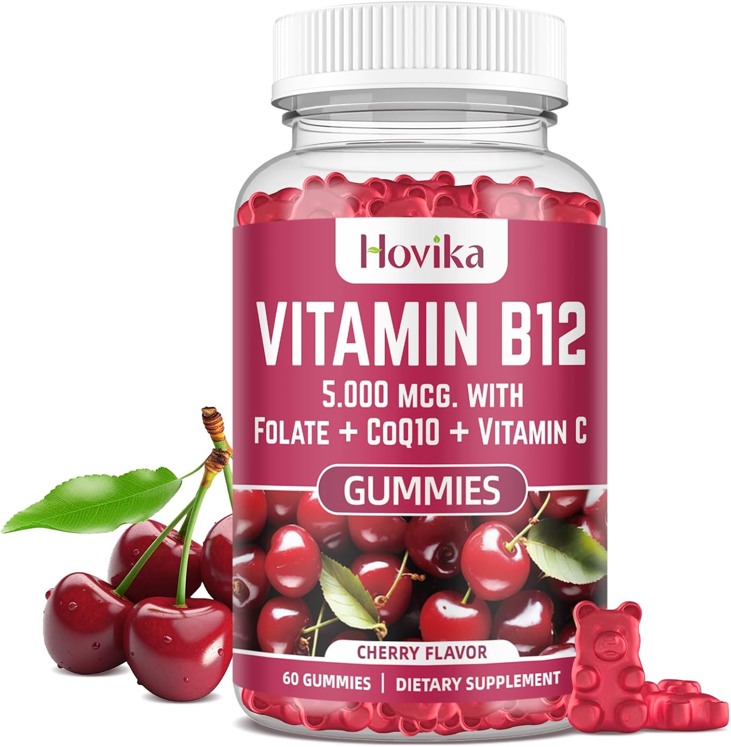 Vitamin B12 Complex 5000 mcg Methyl B12, Adenosyl B12 & Hydroxy B12, with Coenzyme Q10, Folate, Vitamin C, Chewable B 12 for Energy Support, Metabolism, Bone Health - Cherry Flavor