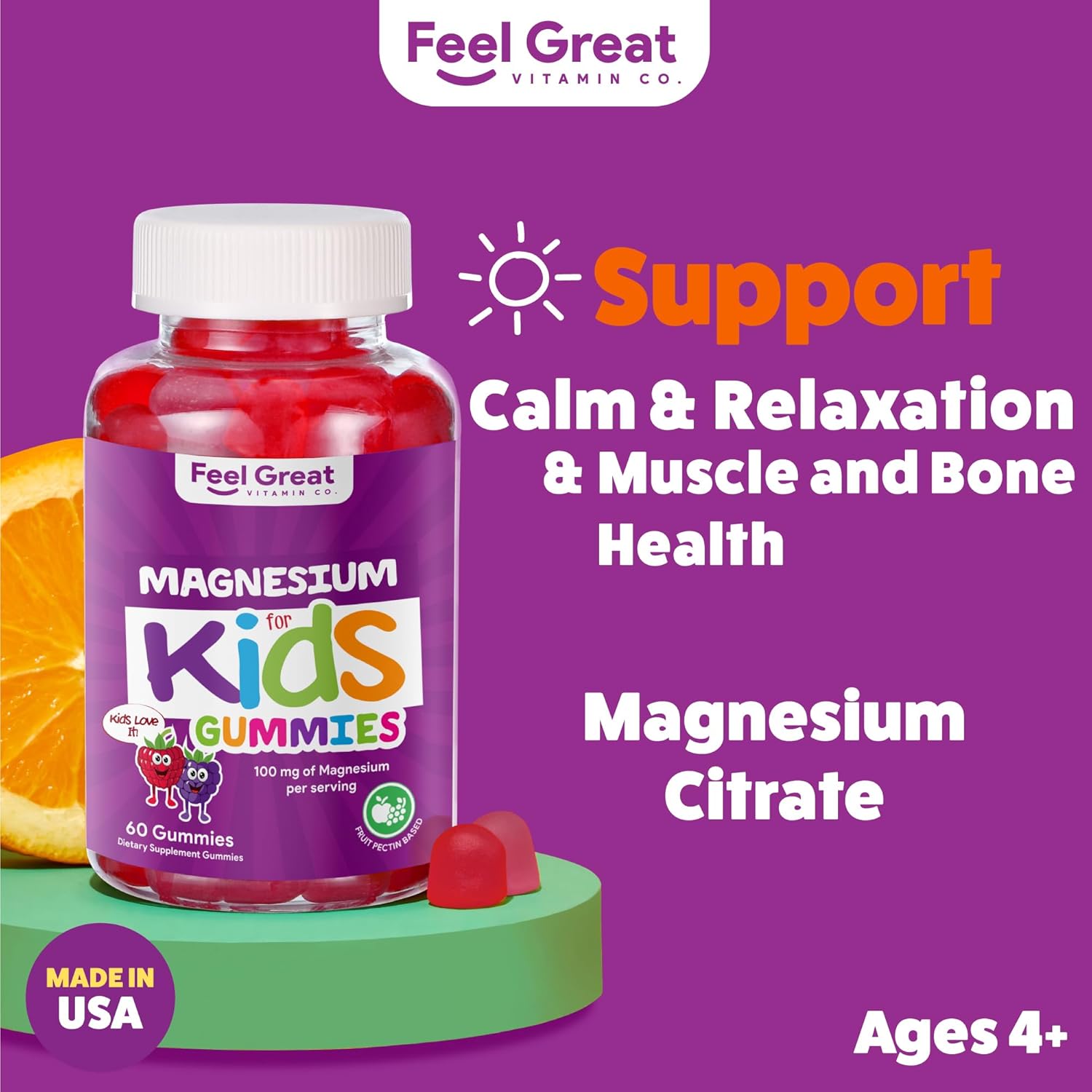 Feel Great Kids Calm Magnesium Gummies - Magnesium Supplement for Children - Magnesium Citrate Gummies - 60 Count