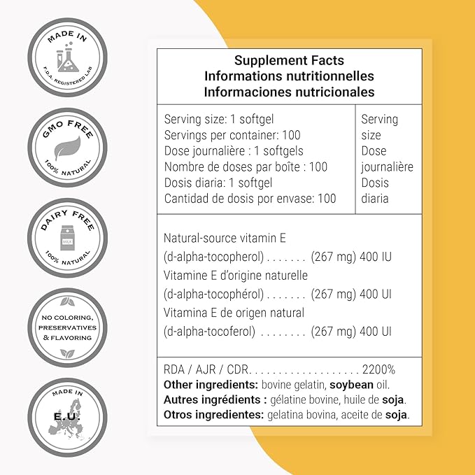 Supersmart Natural E 400 (D-Alpha Tocopherol) 1200IU per Day - High Absorption Vitamin E Supplement | Non-GMO - 100 Softgels