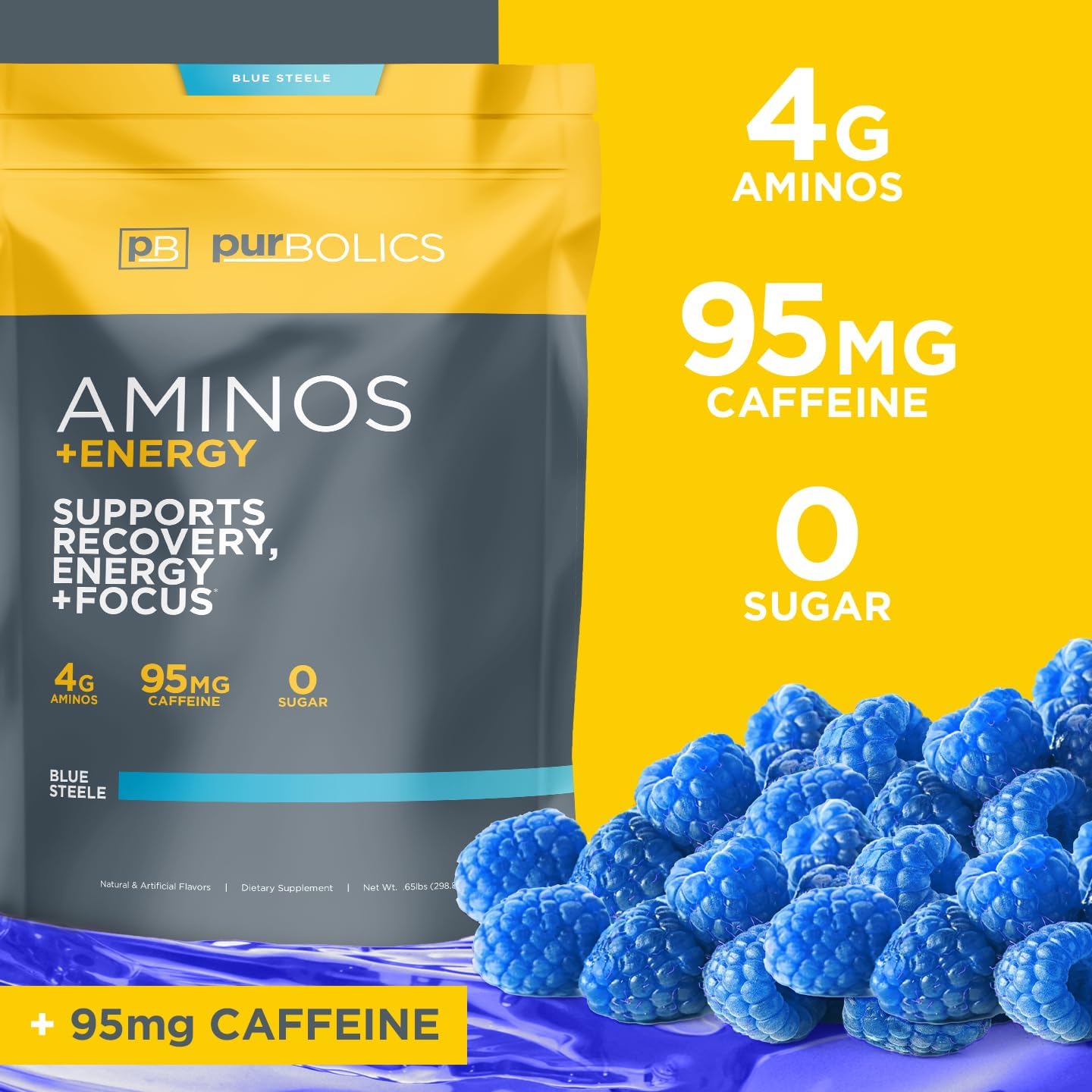 Purbolics Aminos + Energy | Supports Recovery, Energy & Focus | 95mg of Caffeine, 0 Calories & 60 Servings (Blue Steele)