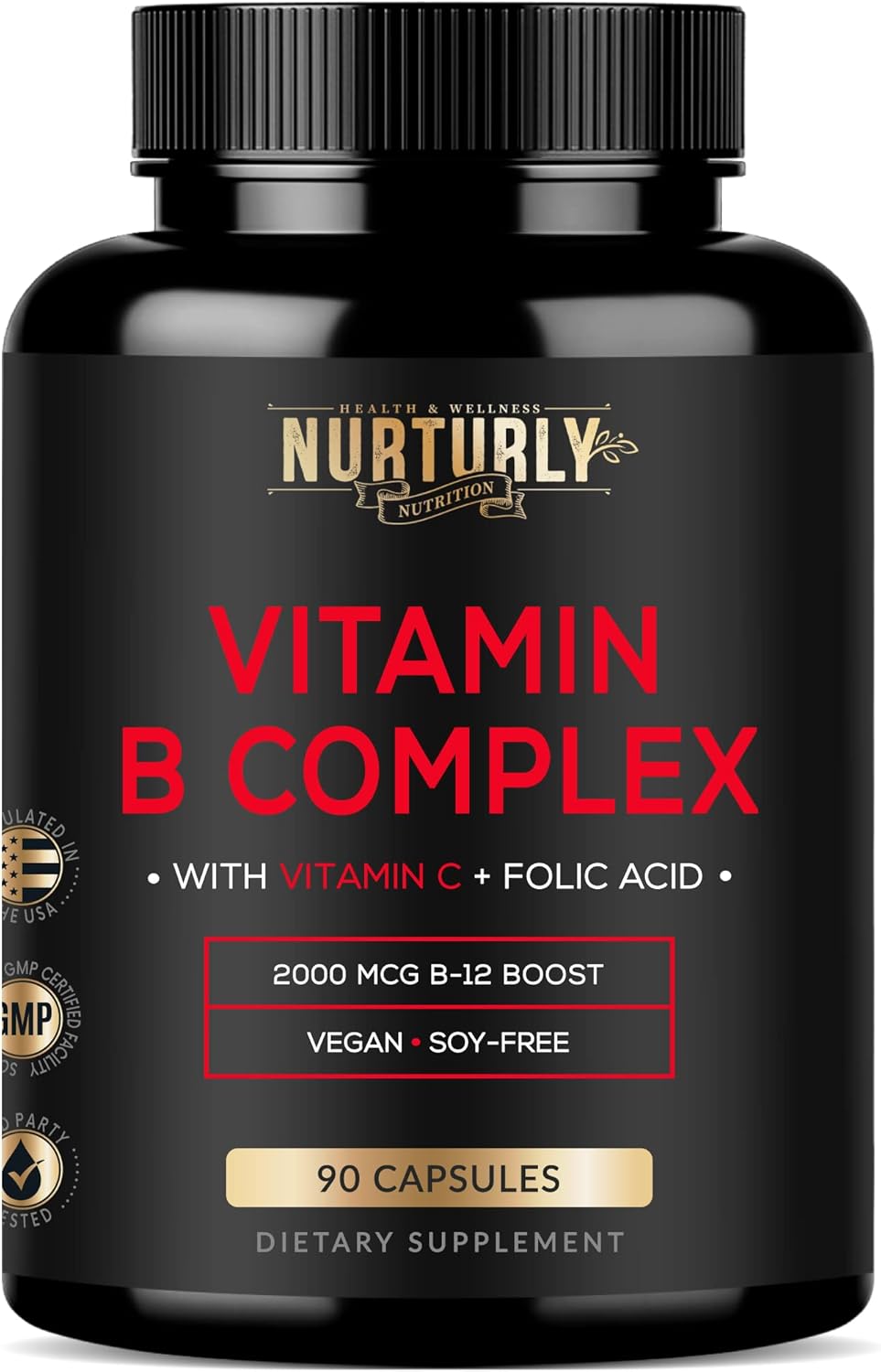 Vitamin B Complex with Vitamin C - Contains All Essential B Vitamins - B1, B2, B3, B5, B6, B7, B9, B12 and Biotin - Super B Complex Vitamins for Energy, Immunity and Mood Support - 90 Capsules