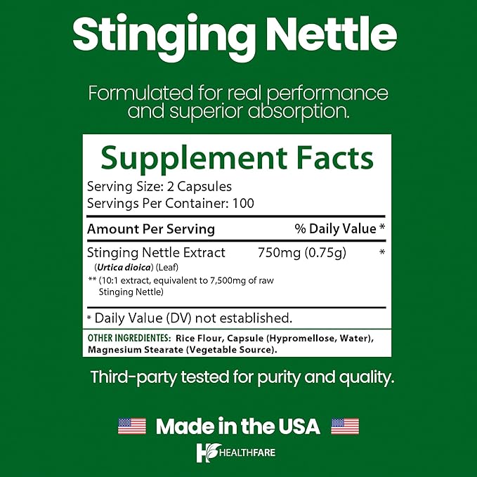 Healthfare Stinging Nettle Root Extract 7500mg | 200 Vegan Capsules | Extra Strength Herbal Supplement | Supports Prostate, Urinary & Hair Health | Non-GMO, Gluten-Free | Made in USA
