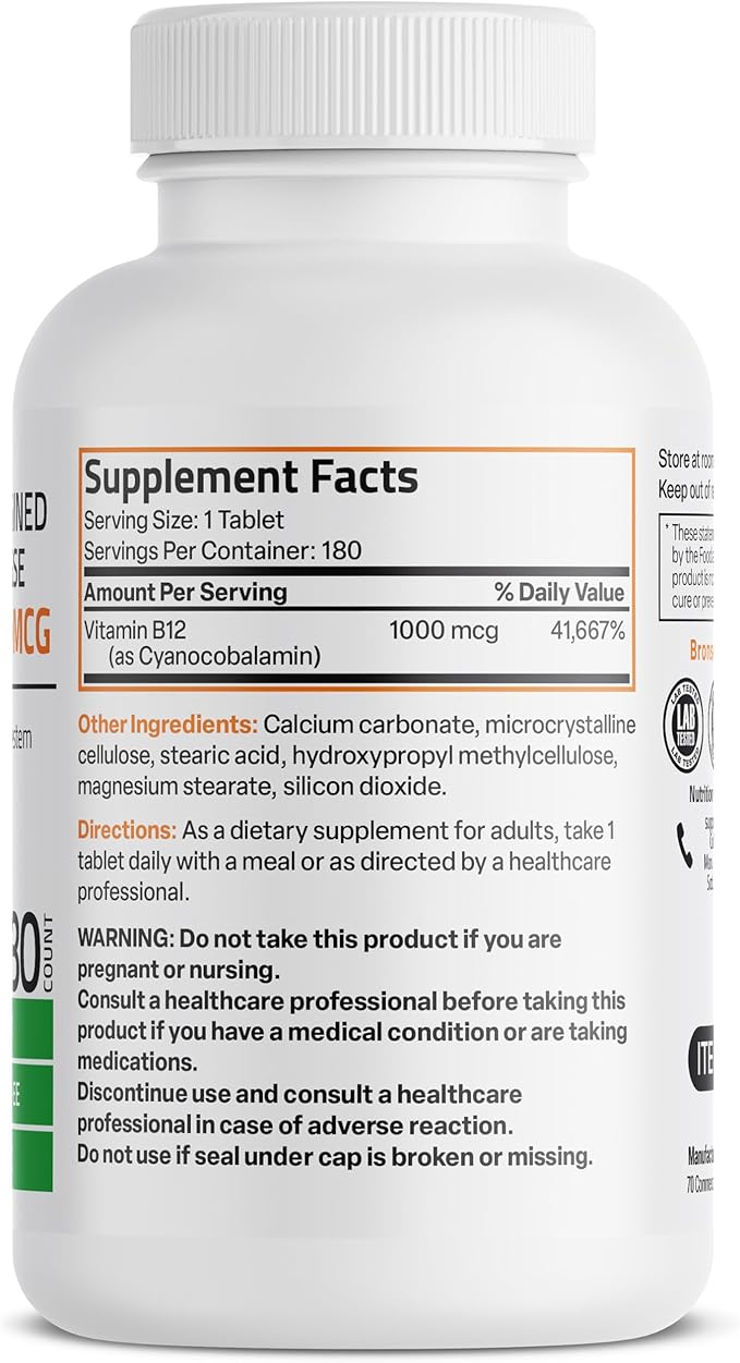 Bronson Vitamin B12 1000 mcg Sustained Release Premium Non GMO Tablets Supports Nervous System, Healthy Brain Function and Energy Production, 180 Tablets