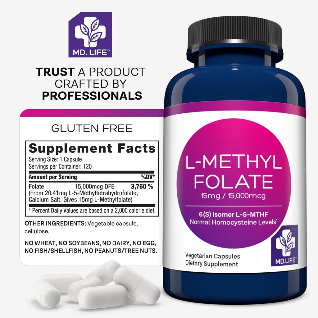 MD Life L-Methylfolate 15 mg Supplement - Professional-Grade Active L Methylfolate Supplement - 120 Capsules - L-Methylfolate 15mg - Maximum Potency MTHFR W/Essential Amino Acids