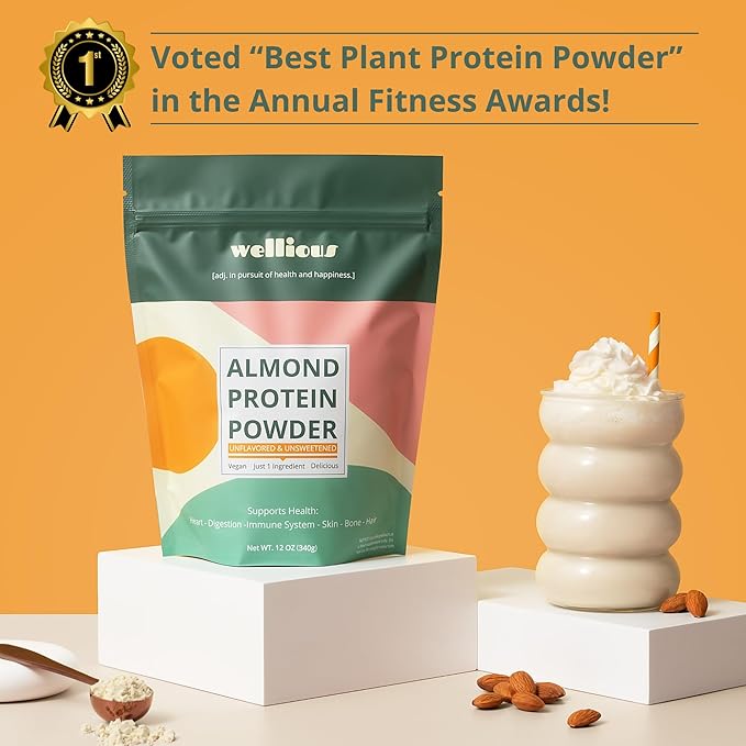 wellious Almond Protein Powder (Unflavored, Unsweetened) - 18 Grams of Pure Healthiest Vegan Protein for Women & Men | Gluten-Free, Soy-Free & Gut Friendly Protein Powder for Sports Nutrition