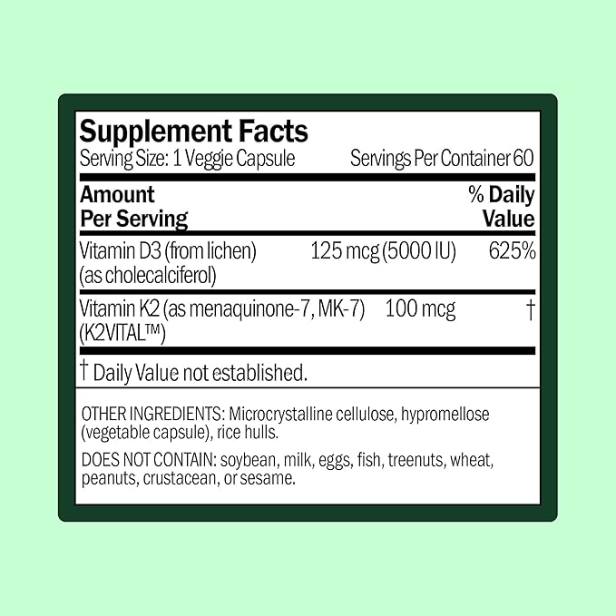 Vitamin D3 5000 IU (125 mcg) with Vitamin K2 100 mcg Supplement | Supports Calcium Utilization, Immune Support, & Cardiovascular Wellness | Plant Based, Major Allergen Free | 60-Day Supply