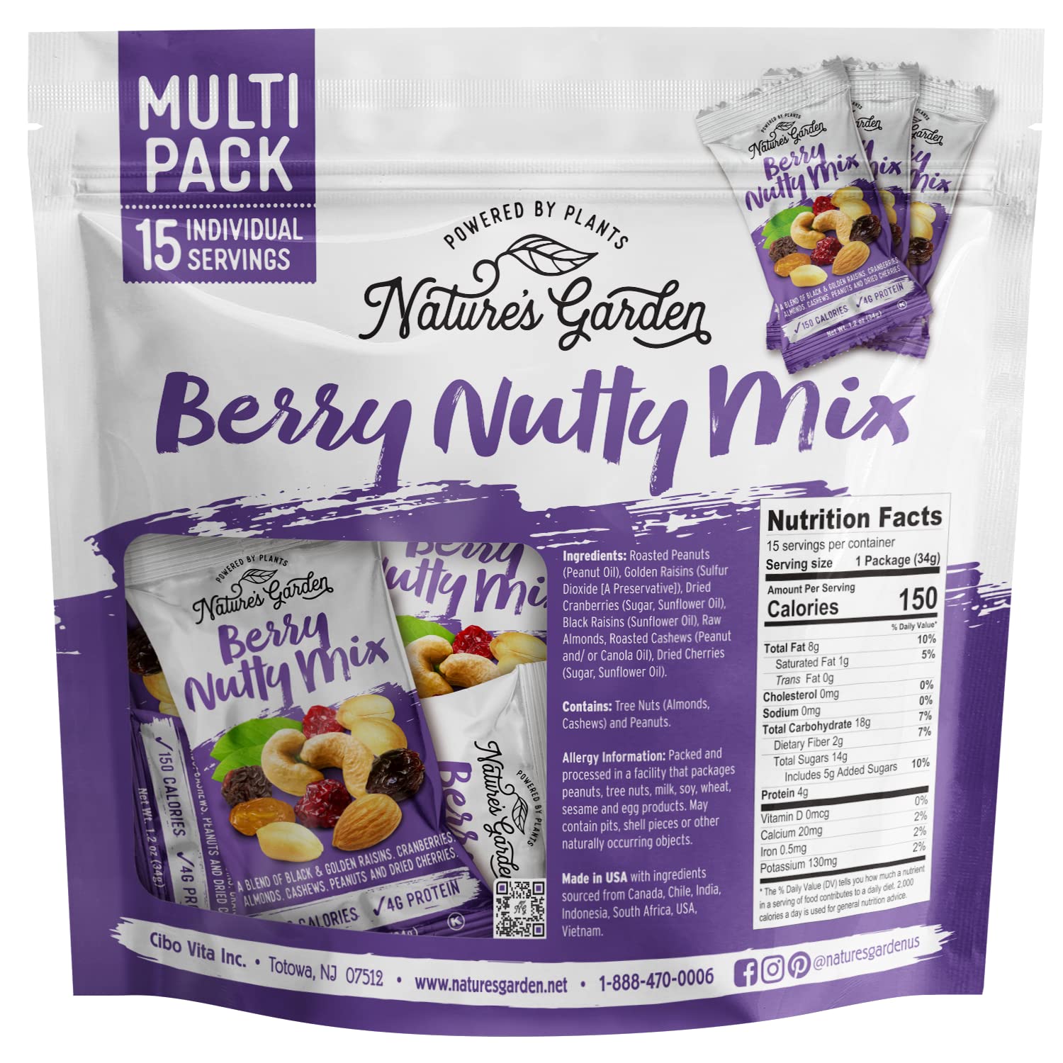 Natures Garden Berry Nutty Mix, Single Serve Bags - 18 Ounce (1.2 Ounce x 15 count)