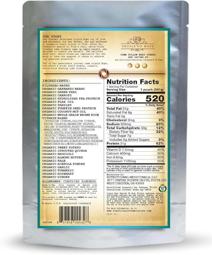 FUNCTIONAL FORMULARIES Liquid Hope Organic High Protein Peptide Tube Feed Formula, 31g Protein, 9g Fiber, 12 Oz. (24 Pack)