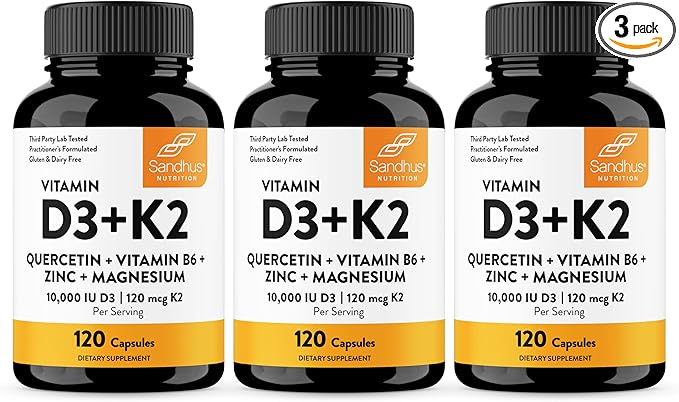 Sandhu's Vitamin D3 K2 Magnesium 10000 IU, 120mcg K2 Capsules 120 Count (Pack of 3) | with VIT B6, Zinc & Quercetin | D3K2 Supports Superior Absorption, Energy, Immune, Muscle Health for Men & Women