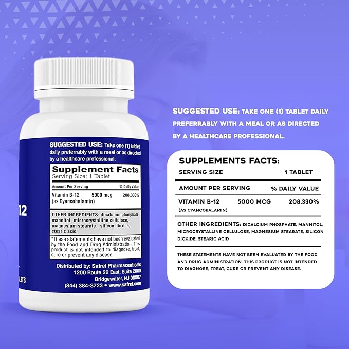 Safrel Vitamin B12 5000 mcg per Tablet, 200 Days Supply, Supplement for Energy, Metabolism and Nervous System Health Support, Vegan, Gluten Free and Dye Free | Made in USA