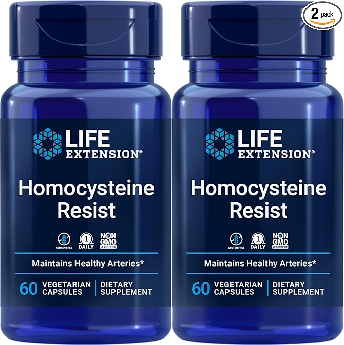 Life Extension Homocysteine Resist, 60 Vegetarian Capsules (Pack of 2) Vitamin B2, B6 & B12 + Folate - Once-Daily, Non-GMO, Gluten-Free