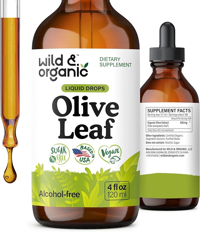 Wild & Organic Olive Leaf Liquid Extract - Olive Leaf Supplement for Immune Support - Oleuropein Liquid Drops - Vegan, Sugar & Alcohol Free Tincture - 4 fl oz