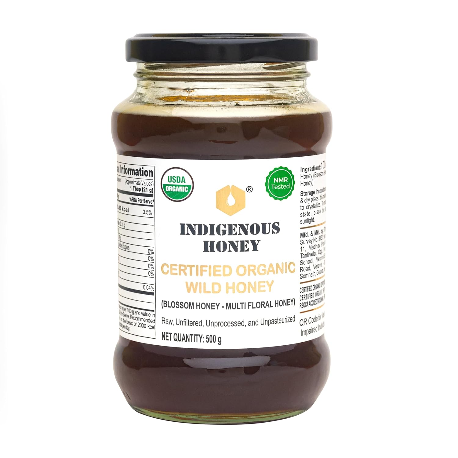 INDIGENOUS HONEY USDA Certified Organic Raw Wild Blossom Honey, Unfiltered Small-Batch Micro-Lot Harvest, Glass Jar, Single-Origin, 17.64 oz