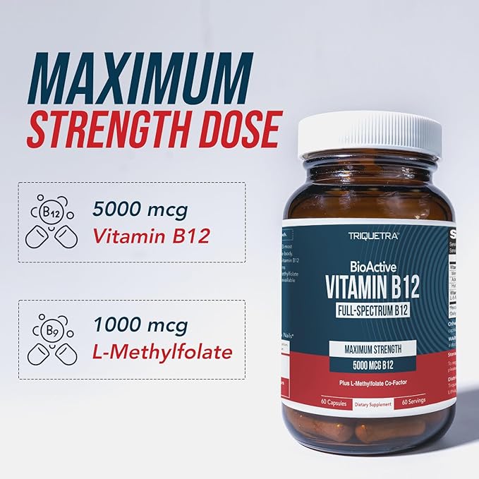 BioActive Vitamin B12 - 5000 mcg, Contains 3 BioActive Forms B12 Plus Methylfolate Cofactor - Methyl and Adenosyl B12 & Hydroxy | Supports Energy, Metabolism & Mood | Vegan, Non-GMO - 2-pack