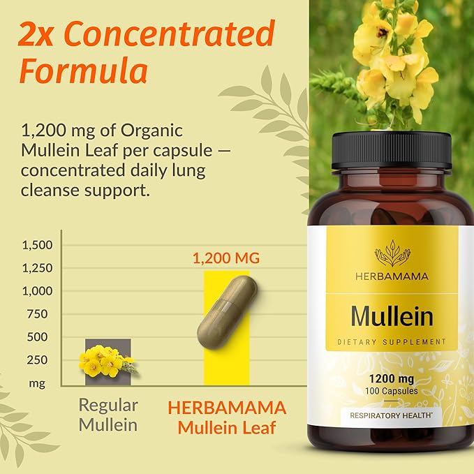 HERBAMAMA Mullein Leaf Capsules - 1200mg Mullein Leaf Extract for Lung Detox Support - Vegan, Non-GMO Respiratory Lung Cleanse Supplement